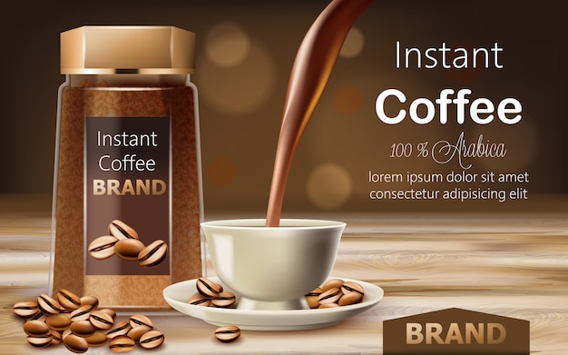 Vector glass jar with instant arabica coffee with roasted beans around it and a cup with liquid pouring from top. place for text. 