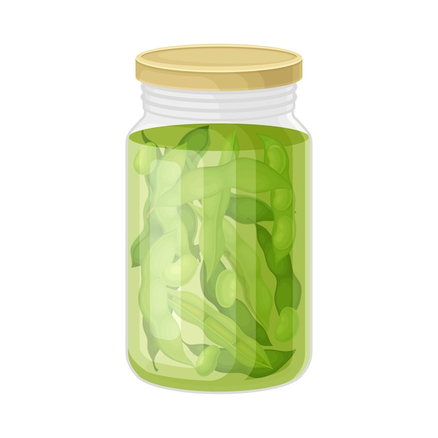 Glass Jar with Preserved Green Beans Vector Illustration