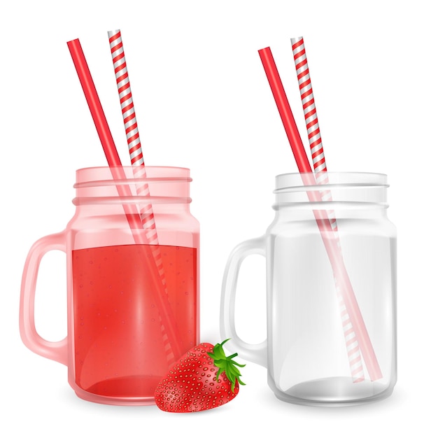 Glass jar with strawberry smoothie, realistic illustration Vector format