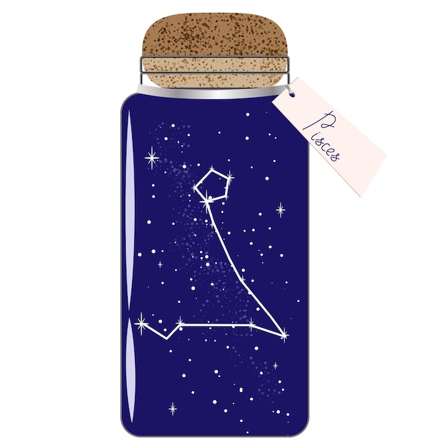 Glass jar with zodiac constellations Pisces on night sky Collect moments Jar with tag for horoscope