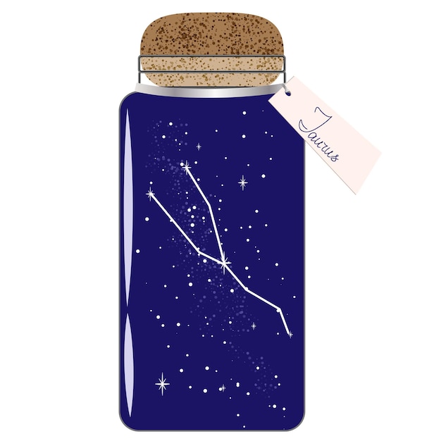 Glass jar with zodiac constellations Taurus on night sky Collect moments Jar with tag for horoscope