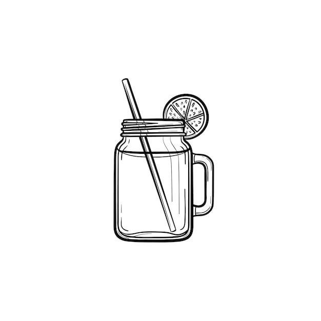 Glass jars of fresh detox cocktail hand drawn outline doodle icon. Refreshing smoothie drink with lemon slice and drinking straw vector sketch illustration for print, web, mobile and infographics.