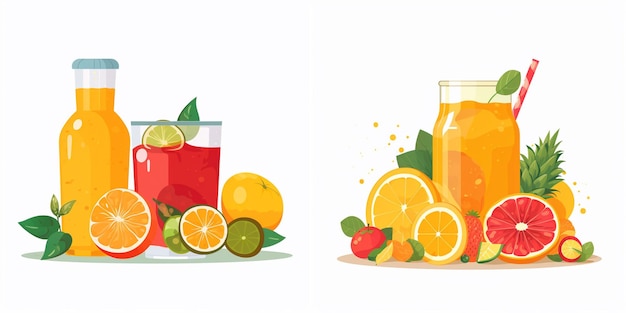 a glass of juice and a glass of juice with lemons and oranges