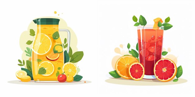 Vector a glass of juice and a jar of oranges with a strawberries and oranges