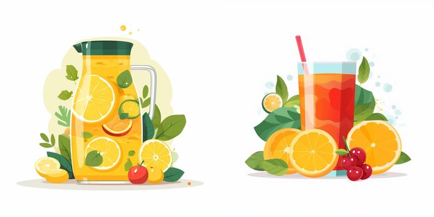 Vector a glass of juice and oranges with a picture of fruit and a glass of juice