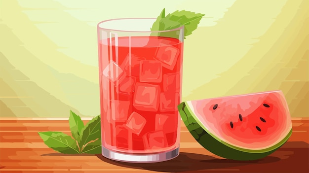 Vector a glass of juice next to a watermelon and a slice of watermelon