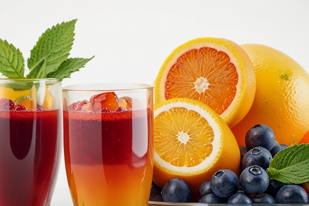 a glass of juice with fruit and a bunch of oranges