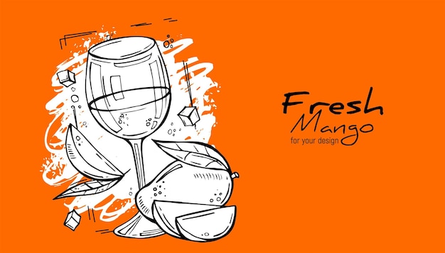 A glass of mango juice and pieces of fruit Hand drawn vector sketch