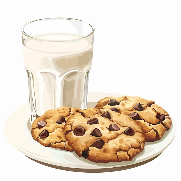 Vector a glass of milk next to a chocolate chip cookie and a glass of milk