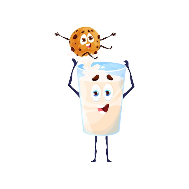 Glass of milk and cookie cartoon characters fun