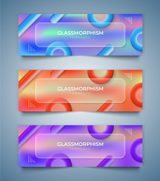 Glass morphism banner colorful fluid gradient background vector template Banner 3d Poster set