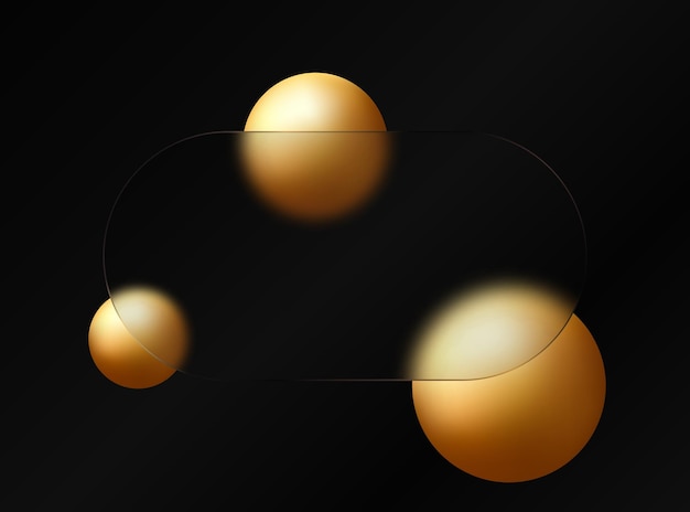 Glass morphism effect Banner made of transparent frosted glass Floating spheres on a black background