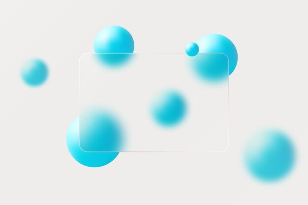 Vector glass morphism website landing page template frosted glass partition with floating blue spheres