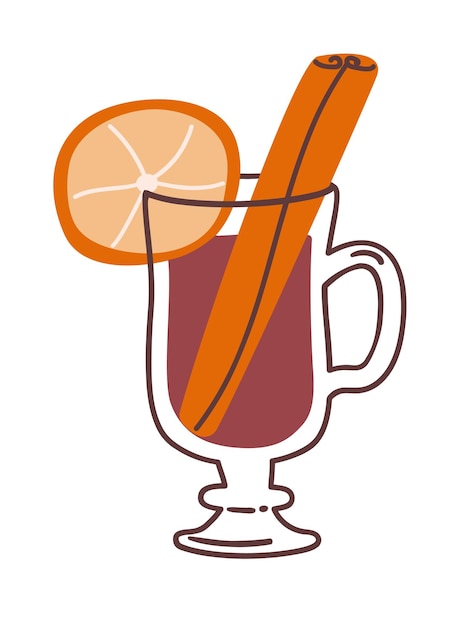 Glass of mulled wine with cinnamon and orange Vector illustration in a flat style