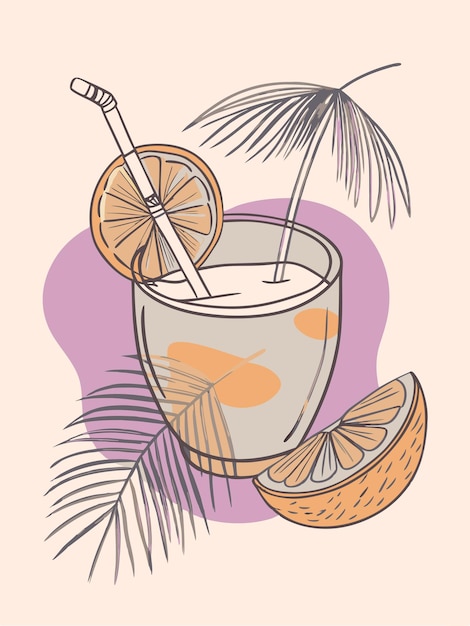 a glass of orange juice with a straw and coconut and coconuts