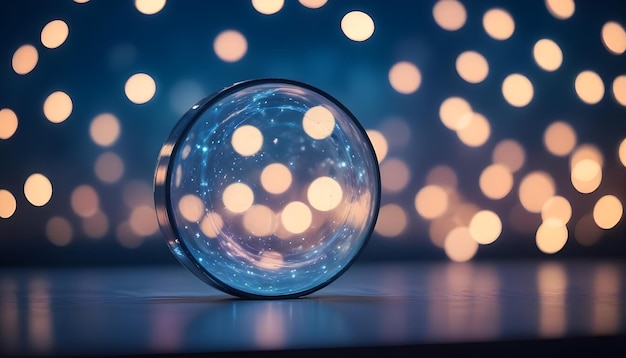 A glass orb with glowing blue light inside representing a magical mystical or futuristic object with a blurred background of golden lights