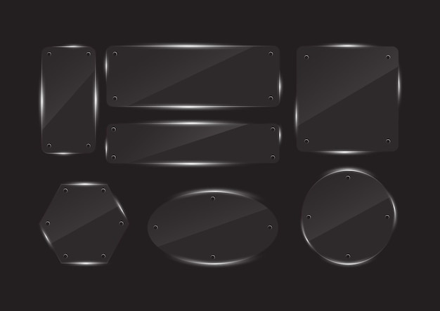 Glass plates set. Square shape, rectangle and round. See through mock up Transparent elements.vector