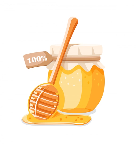 Glass pot with honey, spoon with drips honey isolated on white background.