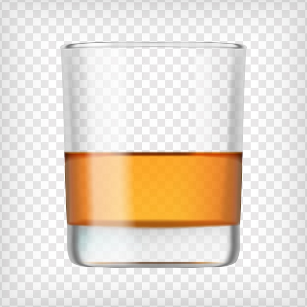 Vector glass of scotch whiskey. shot of alcohol. short glass with beverage. transparent  photo realistic vector illustration. 