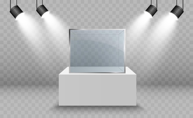 Glass showcase for the exhibition in the form of a cube Background for sale illuminated