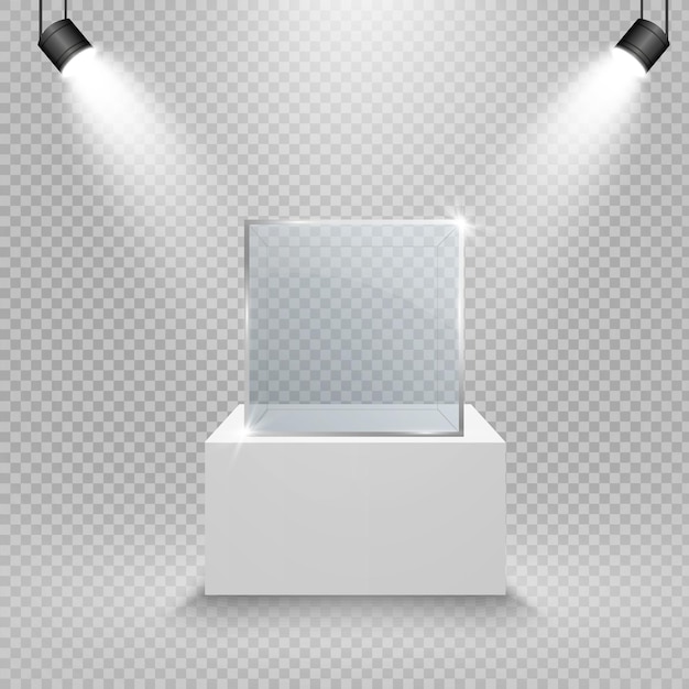 Glass showcase for the exhibition in the form of a cube Background for sale illuminated