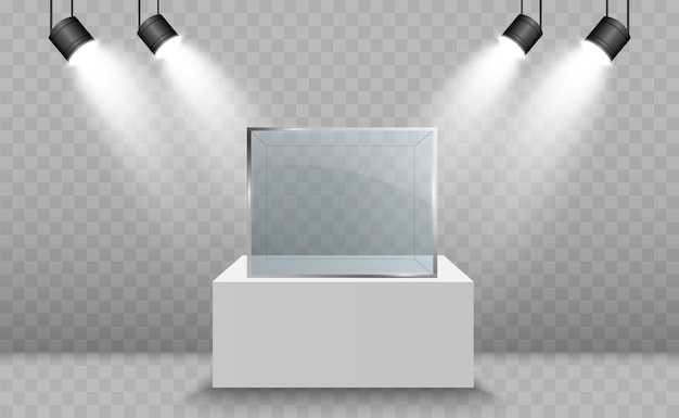 Vector glass showcase for the exhibition in the form of a cube illuminated by spotlights. museum glass box isolated advertising.