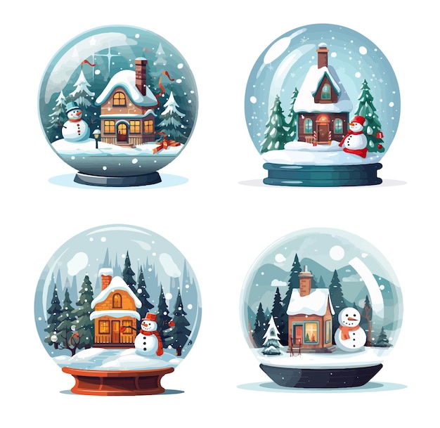 Glass snow globe Christmas decorative design Podium under transparent glass dome with white snowdrift snow house glow garland Xmas pine inside round scene