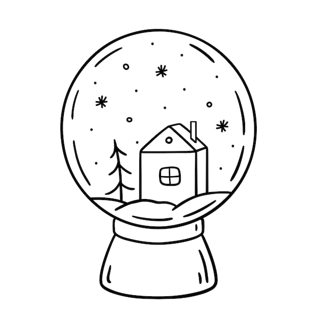 Glass snow globe decorated with a house spruce and snowflakes inside