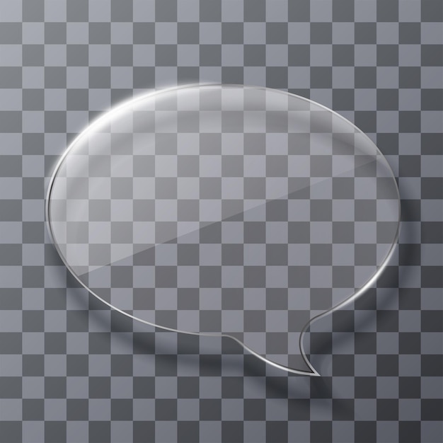 Glass speech bubble. See through element on checkered background. Plastic banner with reflection and shadow. Transparent plate mock up. Vector illustration