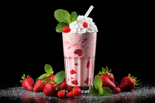 a glass of strawberry milkshake with strawberries and strawberries