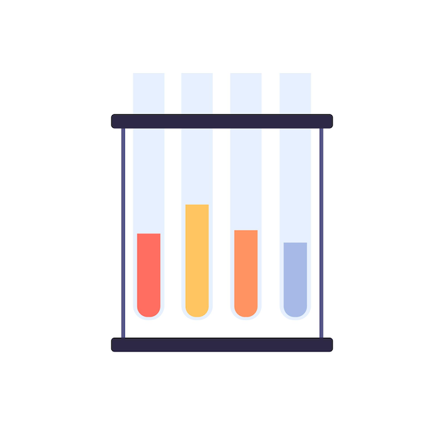 Glass test tubes on lab rack. Laboratory stand with glassware row and chemical liquids, essences. Holder with substances for chemistry experiment. Flat vector illustration isolated on white background