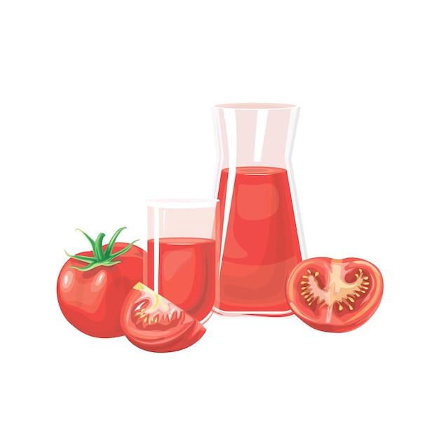 A glass of tomato juice and ripe tomatoes on white background