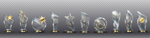 Vector glass trophies with golden decor vector illustration set