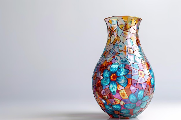 a glass vase of colorful shapes in the style of mosaics bronze light bronze flower patterns