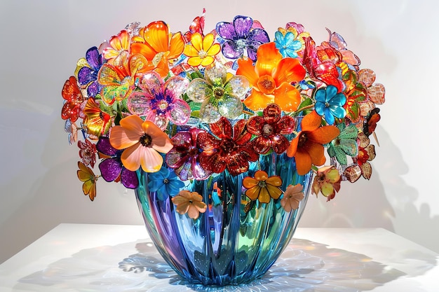 a glass vase of colorful shapes in the style of mosaics bronze light bronze flower patterns