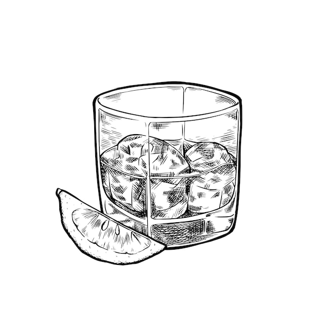 Glass of whiskey with ice Ink sketch isolated on white background Hand drawn vector illustration