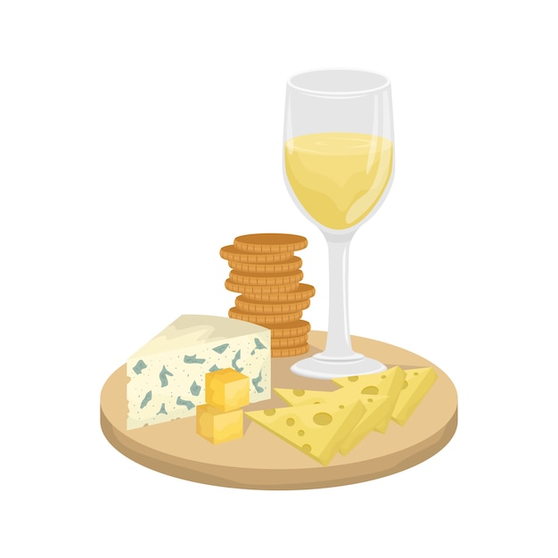 Vector a glass of white wine, cheese platter on a wooden board with crackers. maasdam, gouda, roquefort.