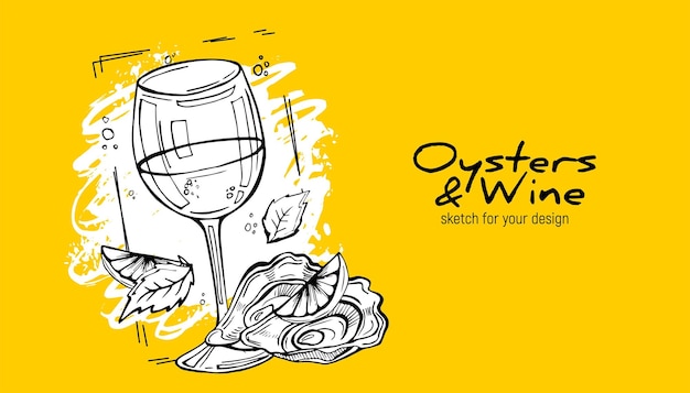 A glass of white wine and mussels A delicacy for dinnerHand drawn vector sketch