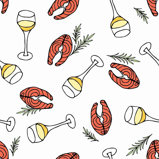 Glass of white wine and salmon steak seamless pattern Vector Doodle sketch illustration