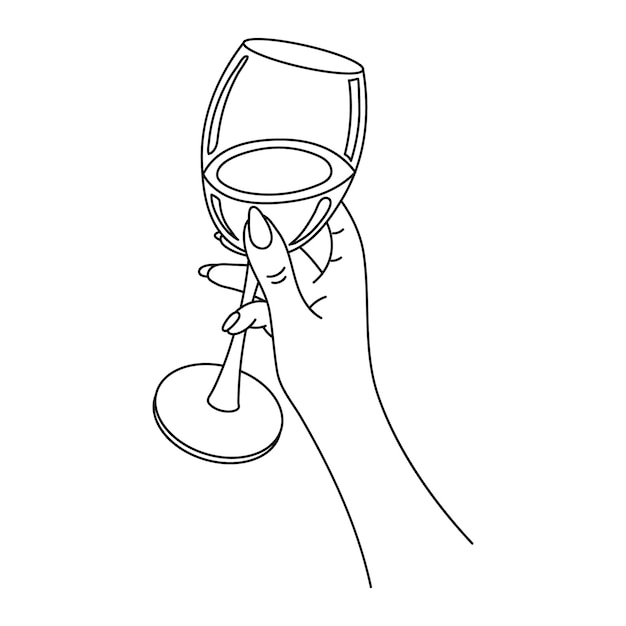 A glass of wine in a female hand, line art. Sketch, black and white design, vector