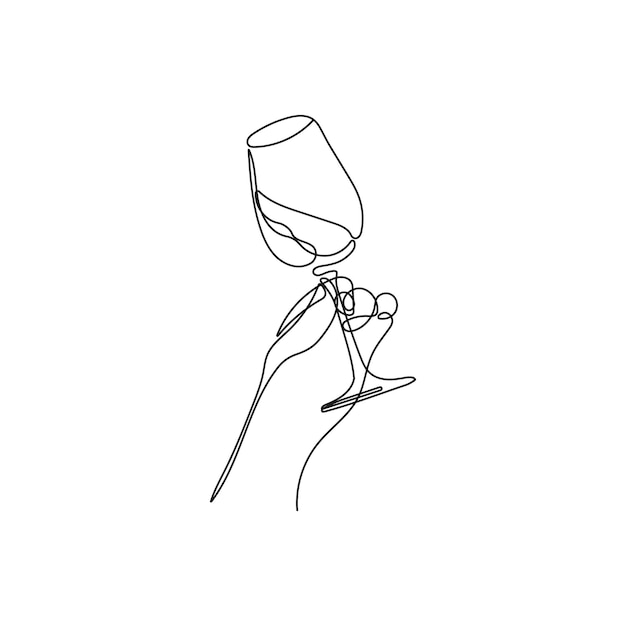 Glass of wine in a womans hand degustating, toasting. Hand drawn vector illustration.