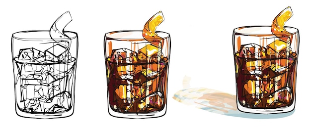 Glass with coke and ice black and white line drawing, color watercolor drawing with ink vector for m