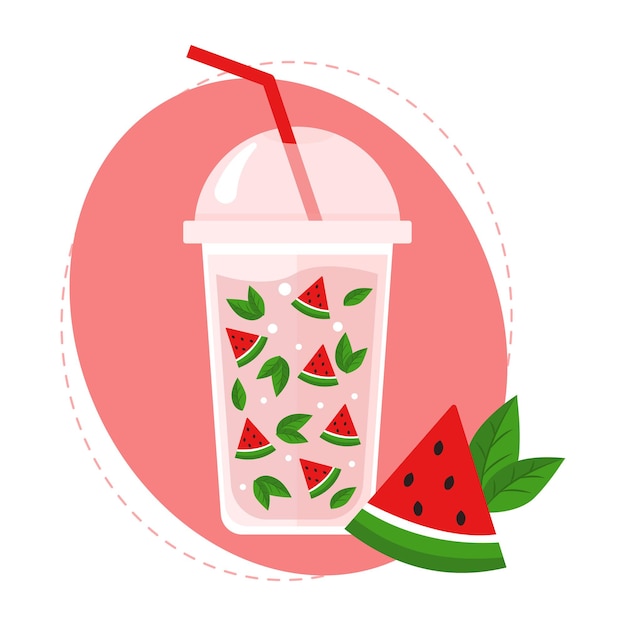 Glass with a drink Watermelon and mint Summer cocktail Vector illustration