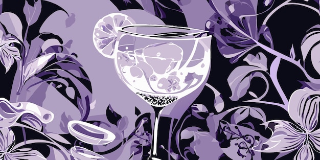 Vector a glass with a flower design on it and a purple flower on the bottom