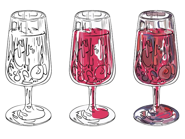 Glass with a fruit cocktail in a vector hand-drawn. Set of three variants of the glass, black and wh