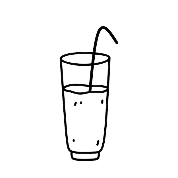 Glass with juice or water and a straw isolated on white background doodle style