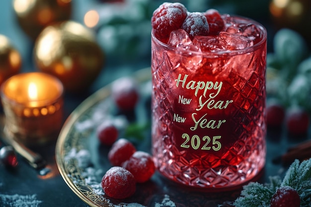 Vector a glass with a red candle that says happy new year on it