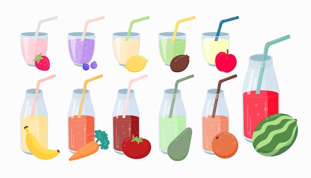 Glasses and bottles with fruit drinks vector illustrations set