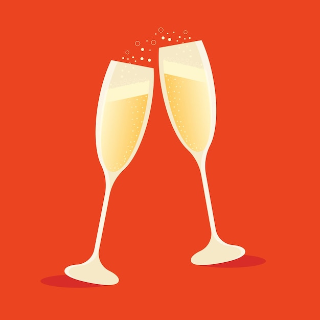 Glasses of champagne with bubbles on a red background.Vector illustration.