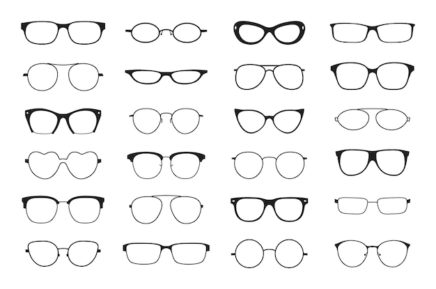 Glasses silhouette Hipster geek optic retro frames Black plastic silhouettes Vintage and contemporary eyewear vector old and modern fashion eyeglasses isolated illustration